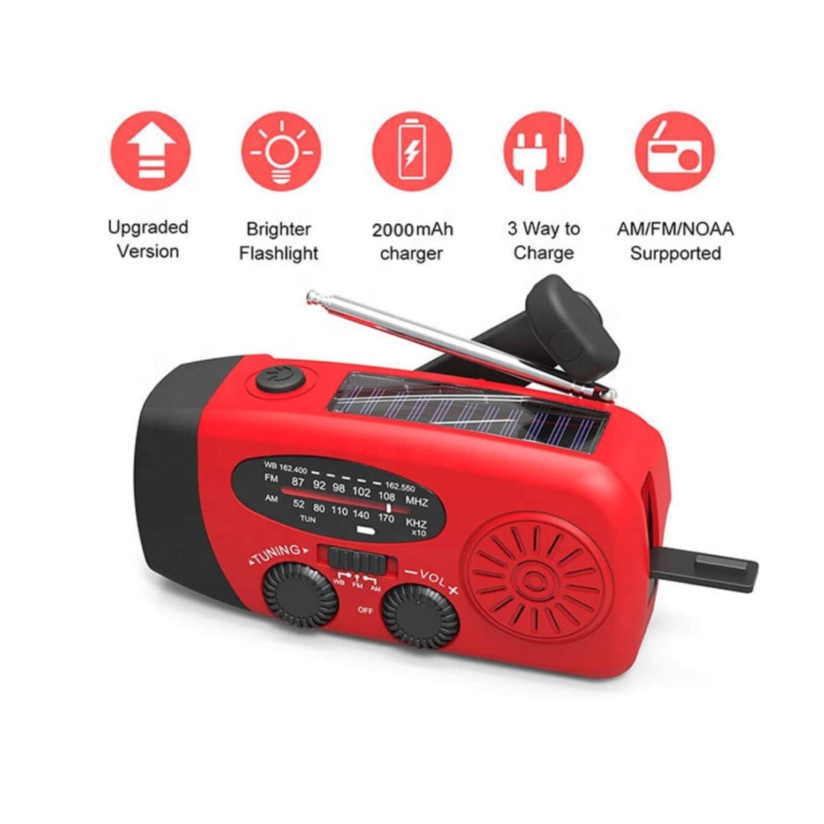 Nødradio med solcelle og håndsveiv Solcelle 2000mAh Powerbank SOS