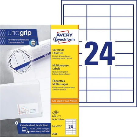 Avery Zweckform 3658 Universal-Etiketten,A4 mit ultragrip,Adressaufkleber 64,6 x 33,8 mm, 100 Bogen/2.400 Etiketten, weiß