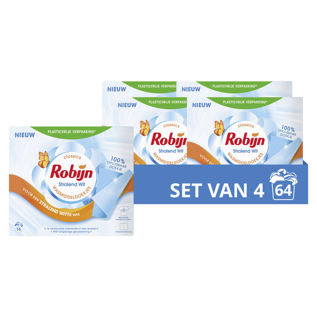 Fijne geur en handig vo9r op vakantiewasmiddeldoekjes Stralend Wit - 4 x 16 wasstrips - 64 wasbeurten