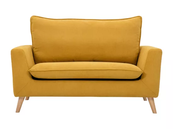 Canapé scandinave 2 places en tissu effet velours jaune moutarde et bois clair JONAS