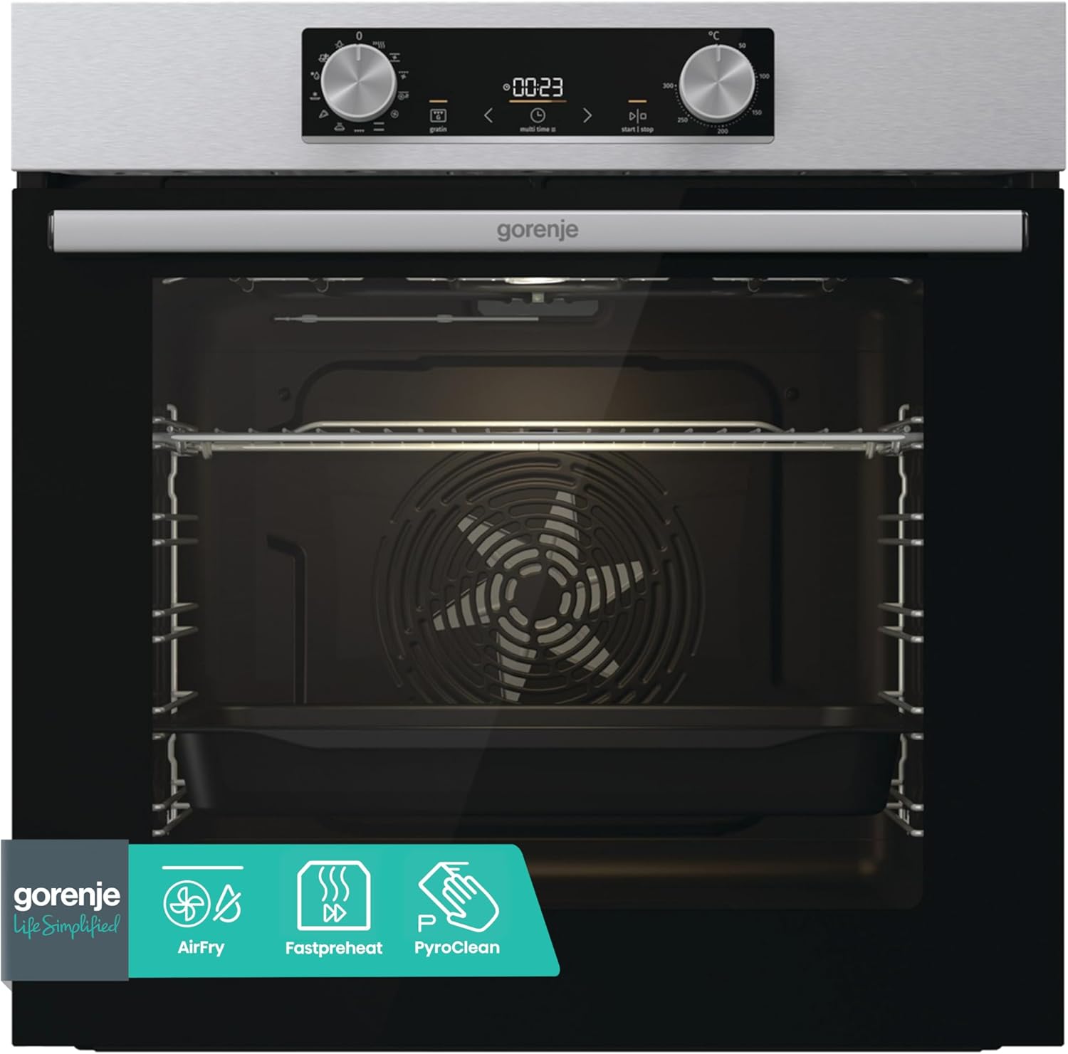 Gorenje BOP6737E02XK Einbaubackofen, 77 Liter, 60CM, Heißluft, EcoClean-Email, Air Fry, Aushängbare Glas-Backofentür, Fast Pre-heat, PyroClean, Abnehmbare Glastür, Max. Ofentemperatur 300 °C