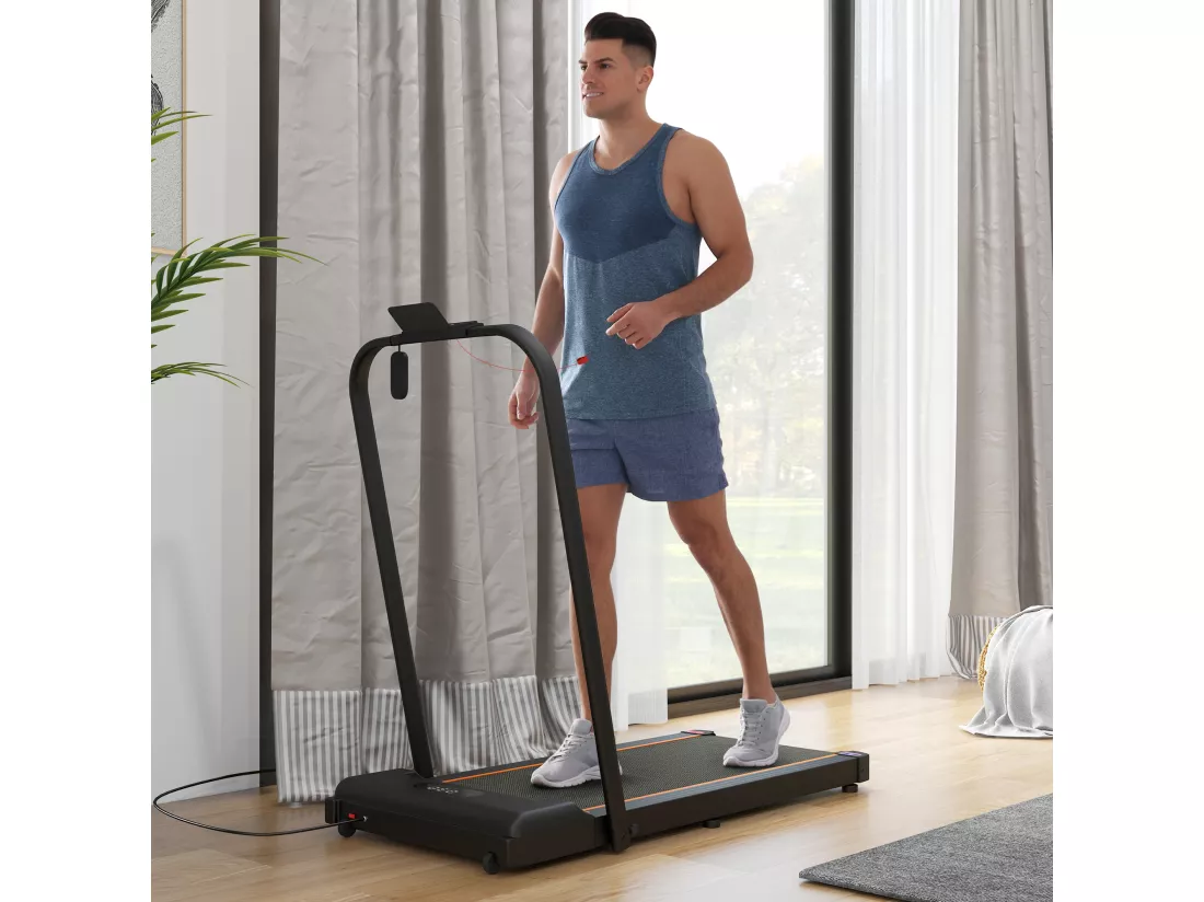 Tapis de marche électrique pliable 1800W - V. max. 6Km/h - écran LED multifonction, télécommande, support iPad - orange noir