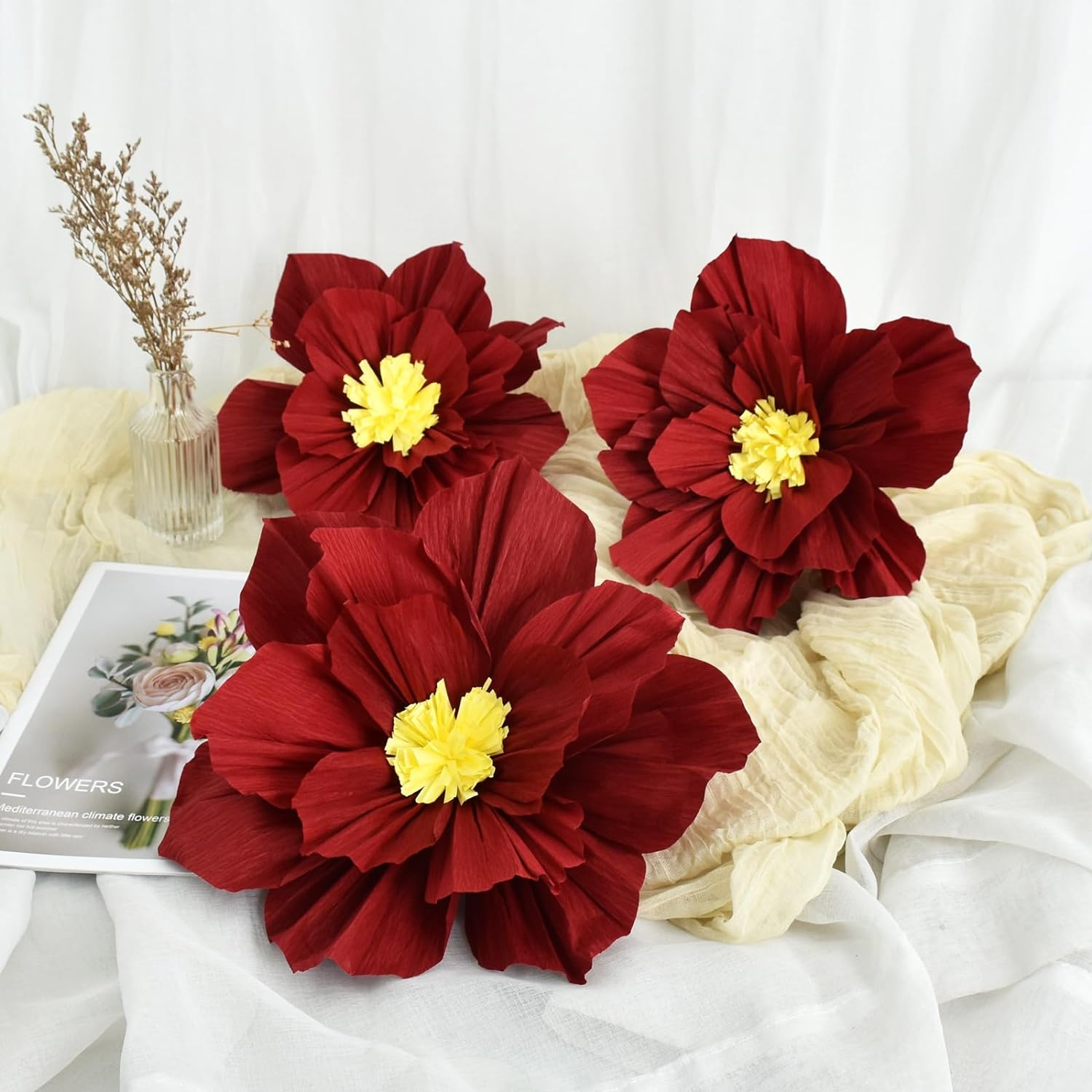 (3er Set) Krepppapier Kunstblumen DIY Wand Party Deko Pfingstrosen Photo Booth Bastel Blumenwand - Weinrot
