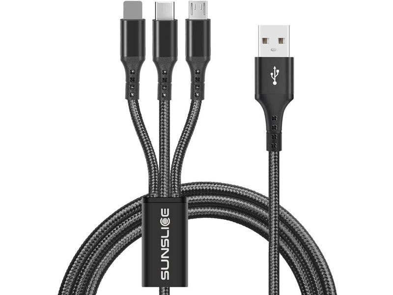 SunSlice Trident Kabel USB - Lightning/Micro-USB A/USB C 1 3-in-1 Ladekabel mit USB-C, Lightning und Micro-USB Anschlüssen