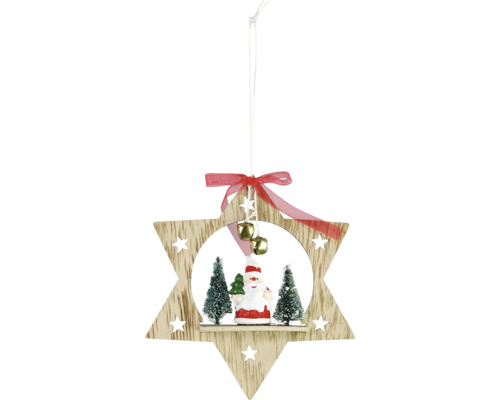 Kerstdecoratie hangende ster met Kerstman, natuurlijk hout