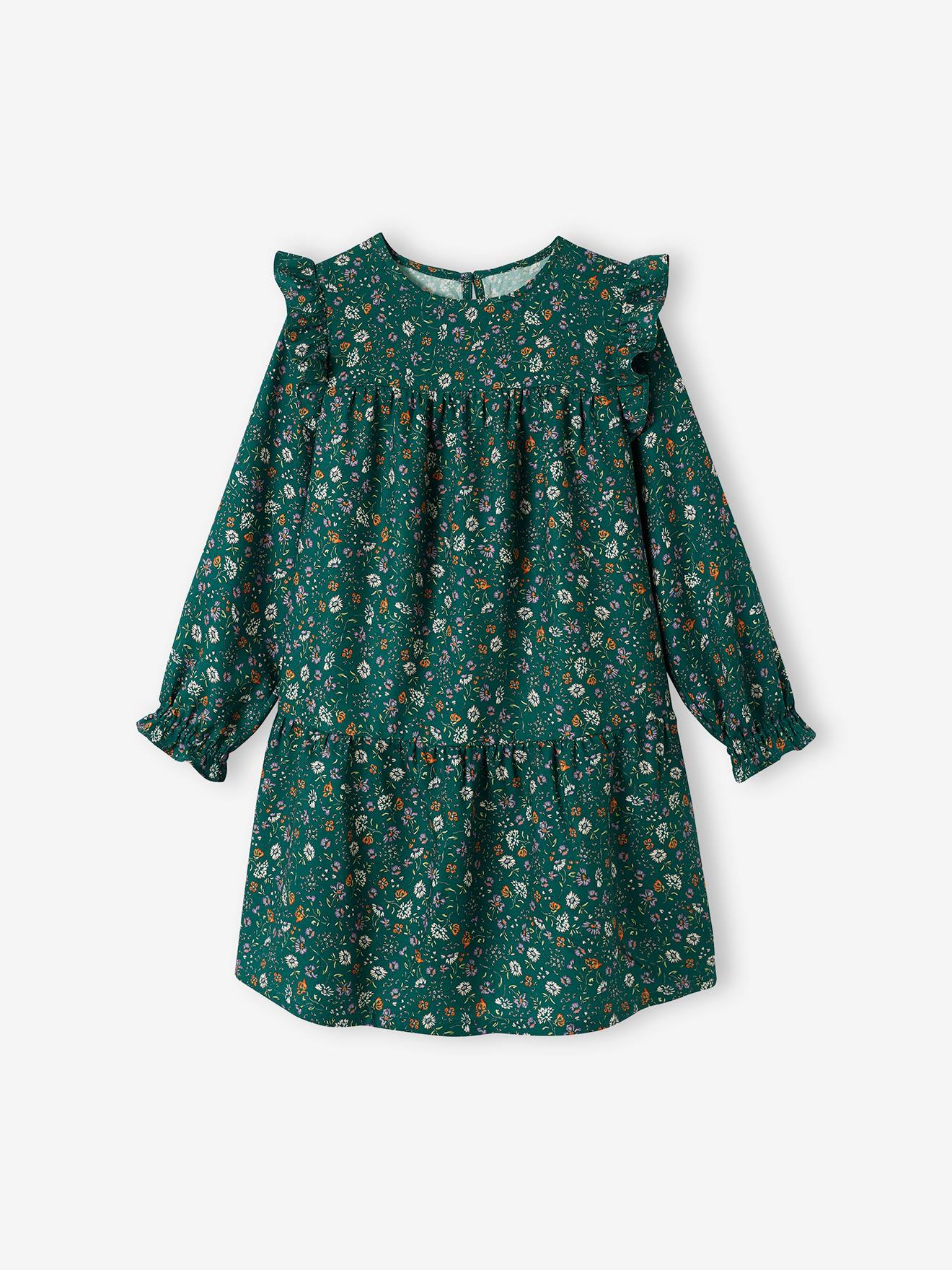 Vestido fluido com babados e motivos florais, para meninas, azul escuro