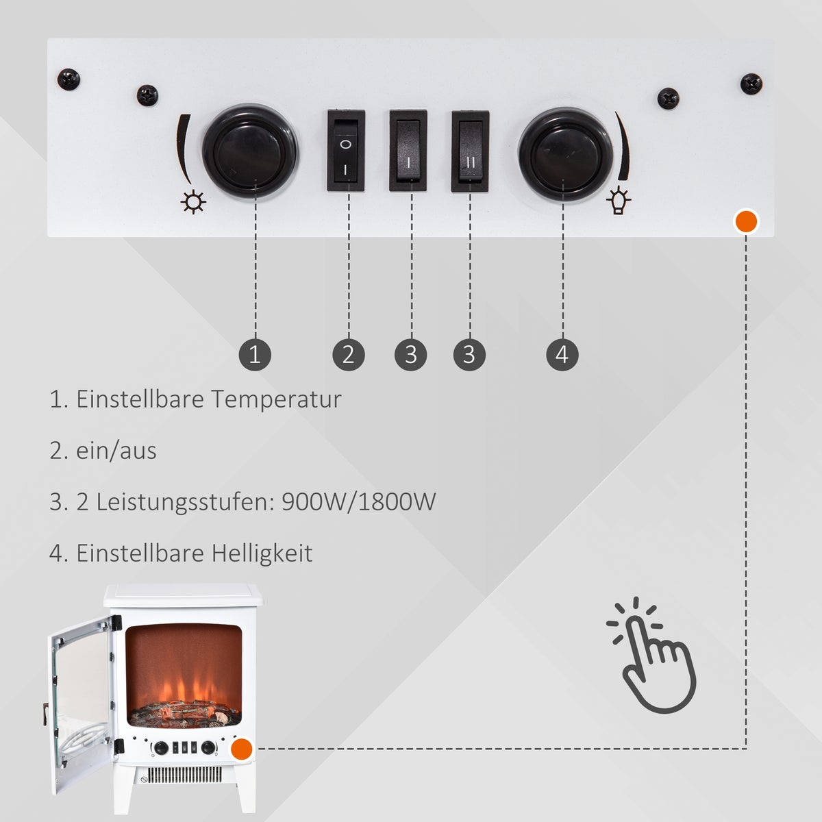 HOMCOM LED elektrische haard met vlameffect, 900/1800W, 39 x 26 x 54,8 cm, metaal, ABS-kunststof, glas, wit
