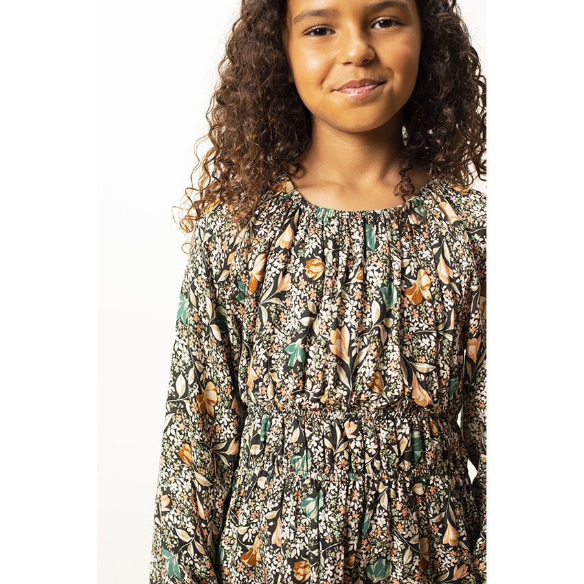 Robe manches longues bouffantes imprimé fleuri pour fille - Gris foncé