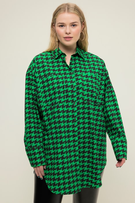 Hemdbluse, oversized, Hahnentritt, Knopfleiste, Hemdkragen