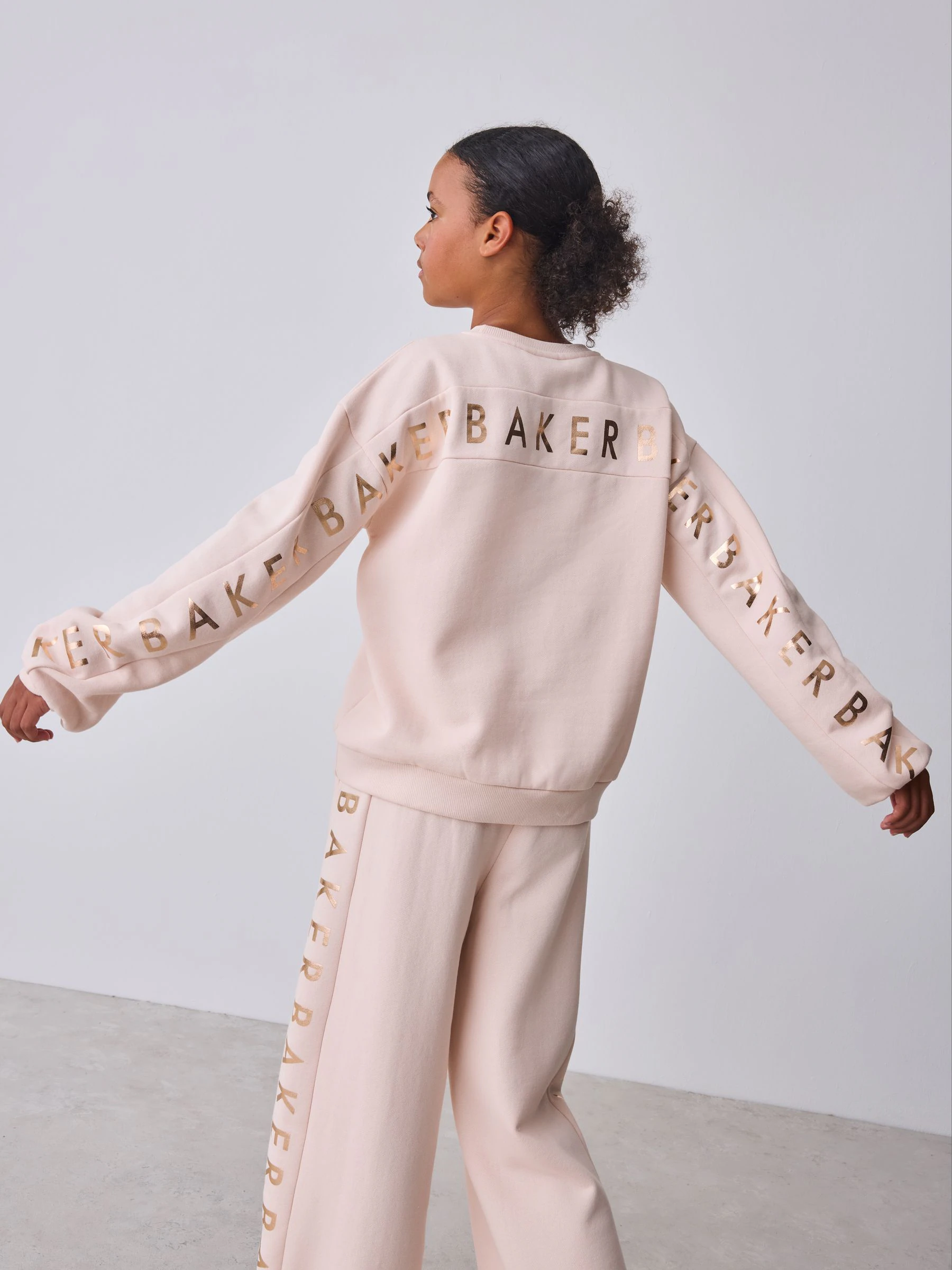 Baker by Ted Baker Pink 2 Piece Metallic Side Graphic Sweat & Wide Leg Joggers Set