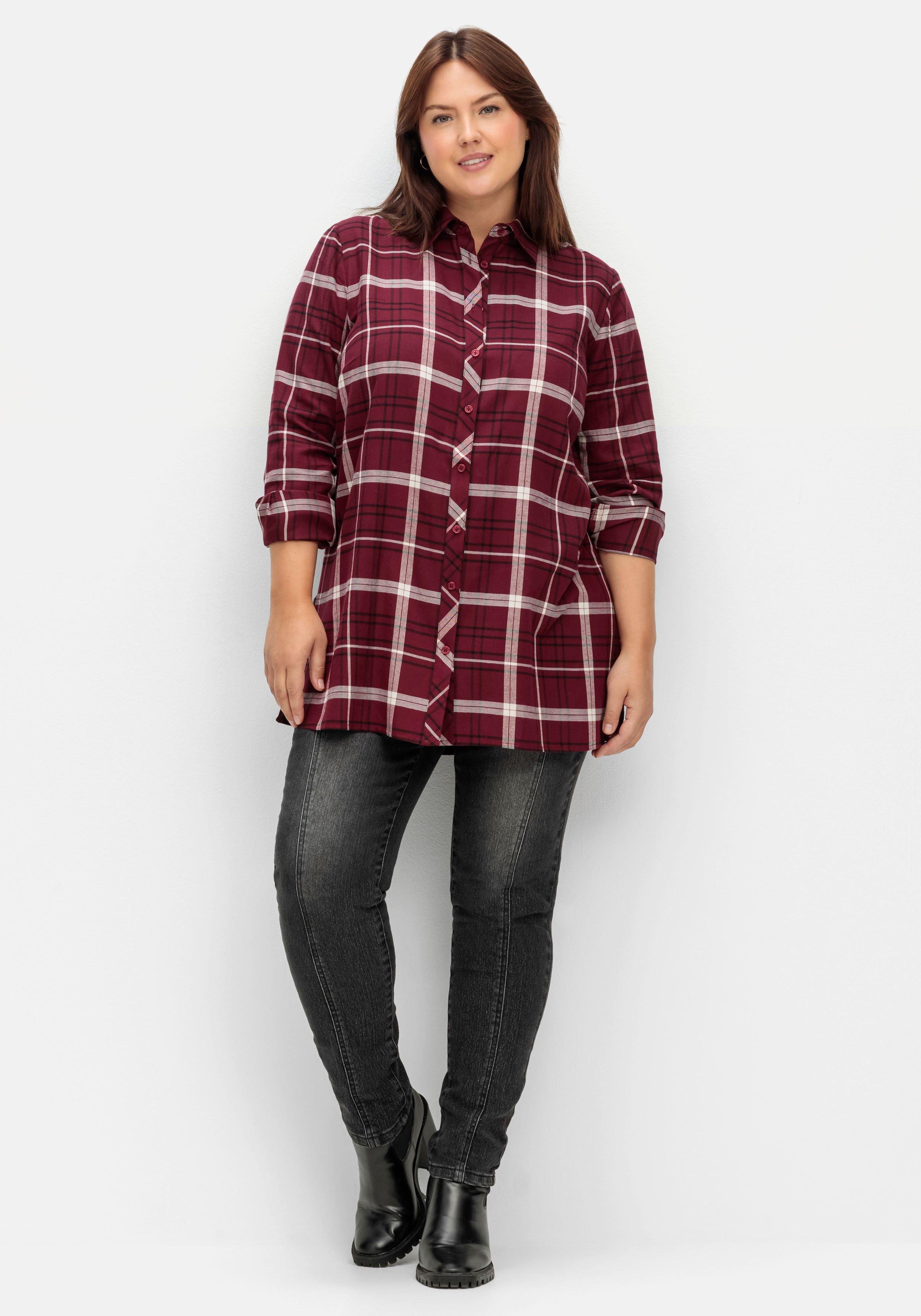 Karierte Longbluse mit Kragen und Manschettenärmel