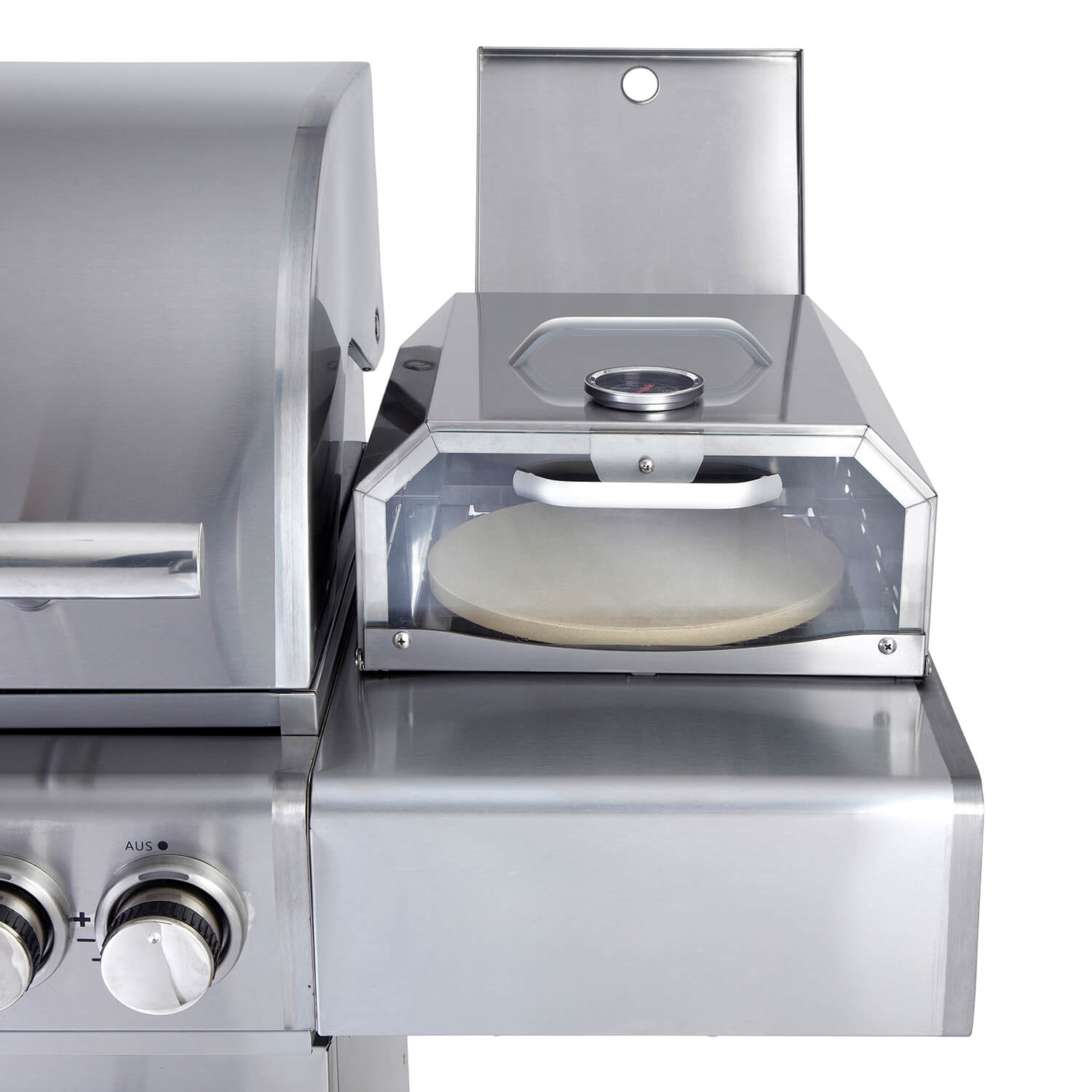ALL'GRILL Pizzaboxx® eckig aus Edelstahl für Gas-Grillmodelle mit Seitenkochfeld - inkl. Pizzastein und Temperaturanzeige - Abmessung 32x37x16 cm