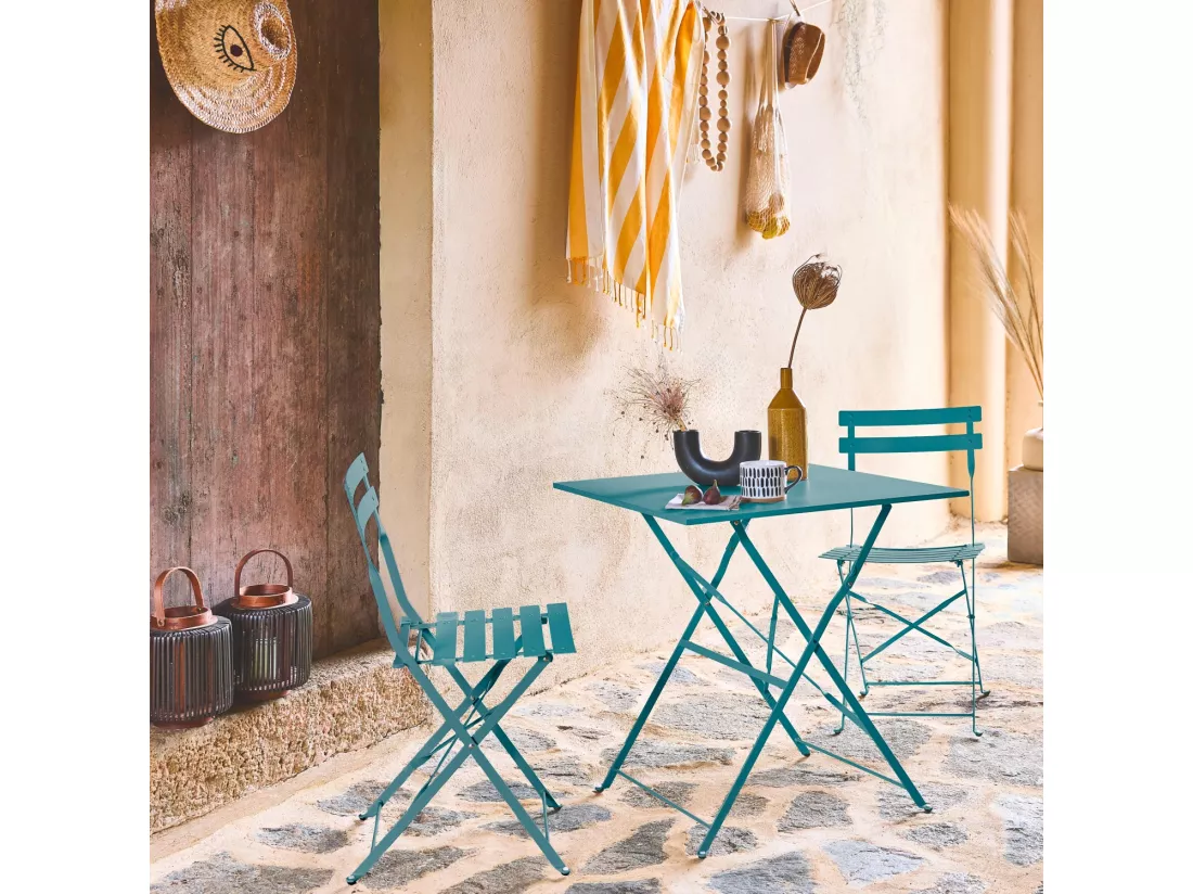 Table de jardin bistrot pliante métal + 2 assises bleu canard 70 x 70cm. acier thermolaqué