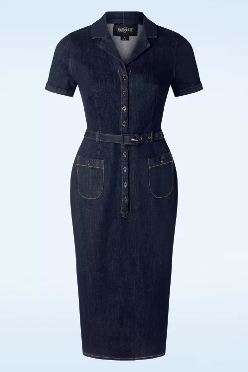 Collectif Clothing Caterina denim pencil jurk in blauw