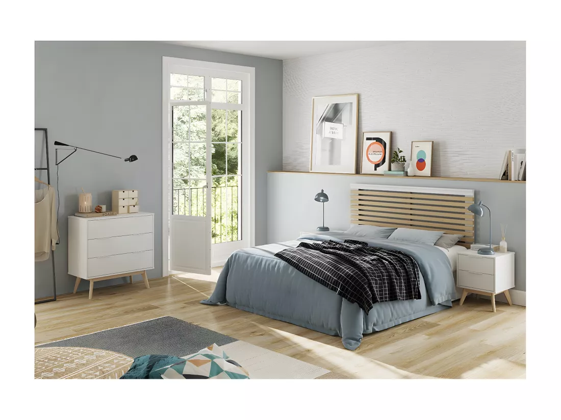 LAUPELL - Chambre 140x190cm avec Commode 3 Tiroirs Pin Naturel et Blanc Scandinave