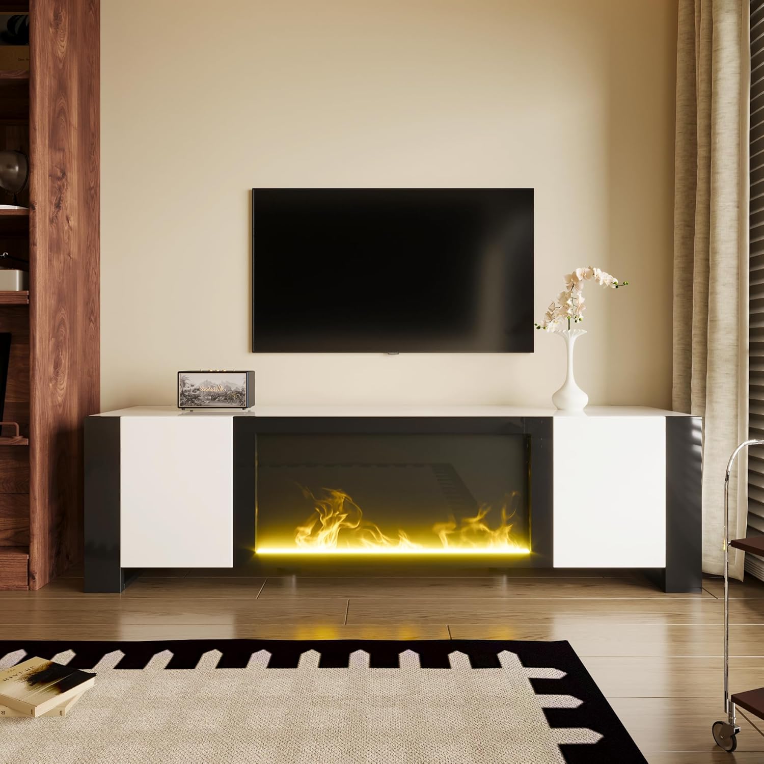 TV-Schrank, Lowboard mit elektrischem Kamin Flammeneffekt, Keine Heizfunktion, Hochglanz, farblich passender TV-Schrank