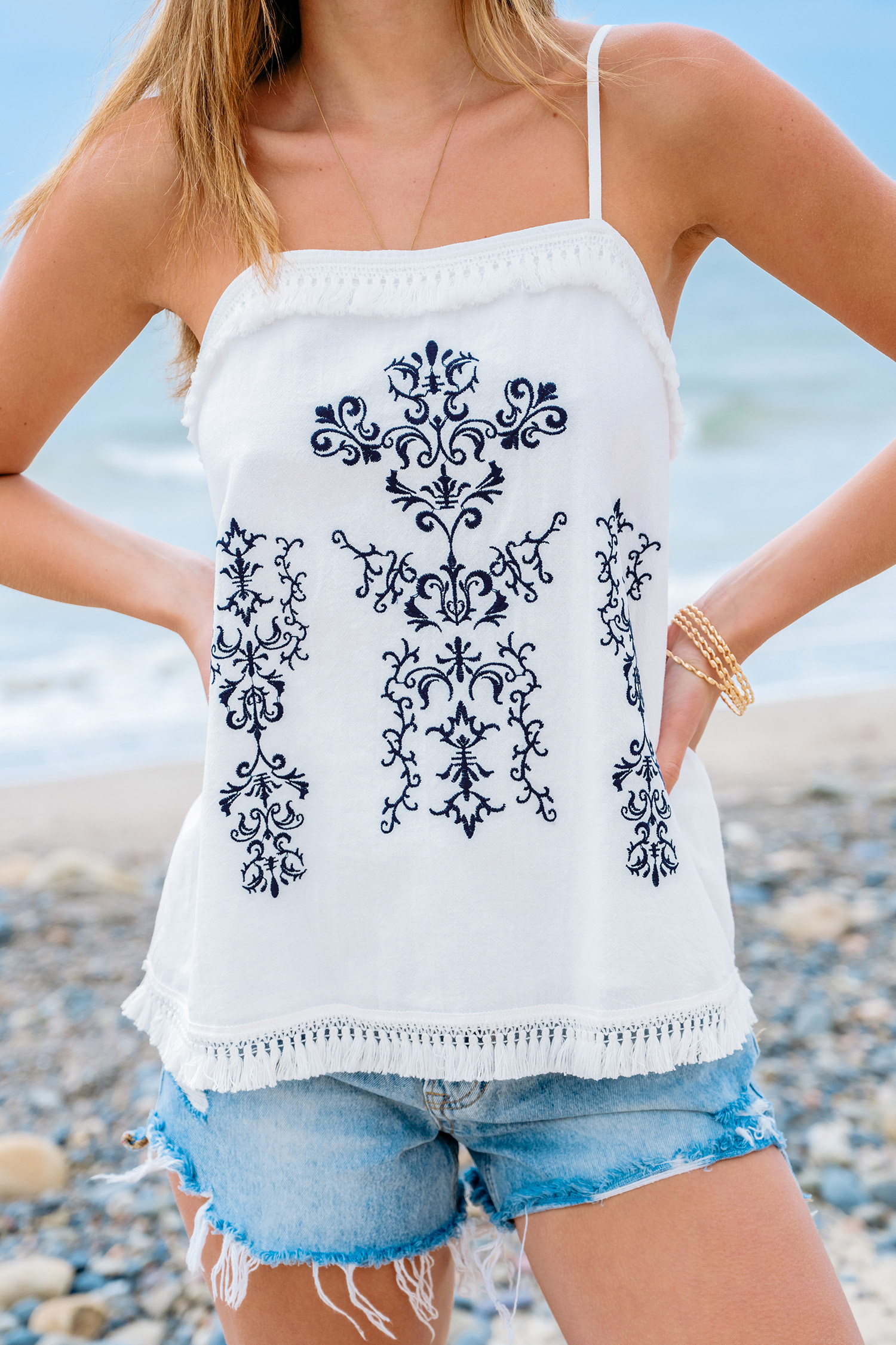 Débardeur à col carré en pur coton et broderie avec pompons blanc