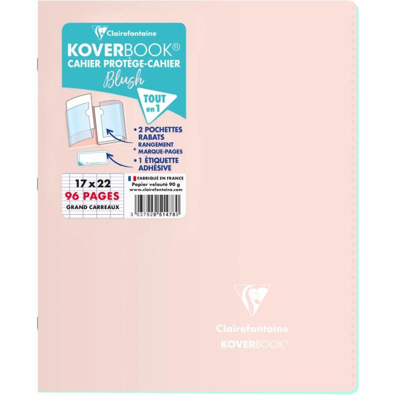 Cahier piqué Koverbook Blush 17x22cm 96 pages grands carreaux couverture polypropylène opaque bicolore - Rose poudré/Menthe à l'eau
