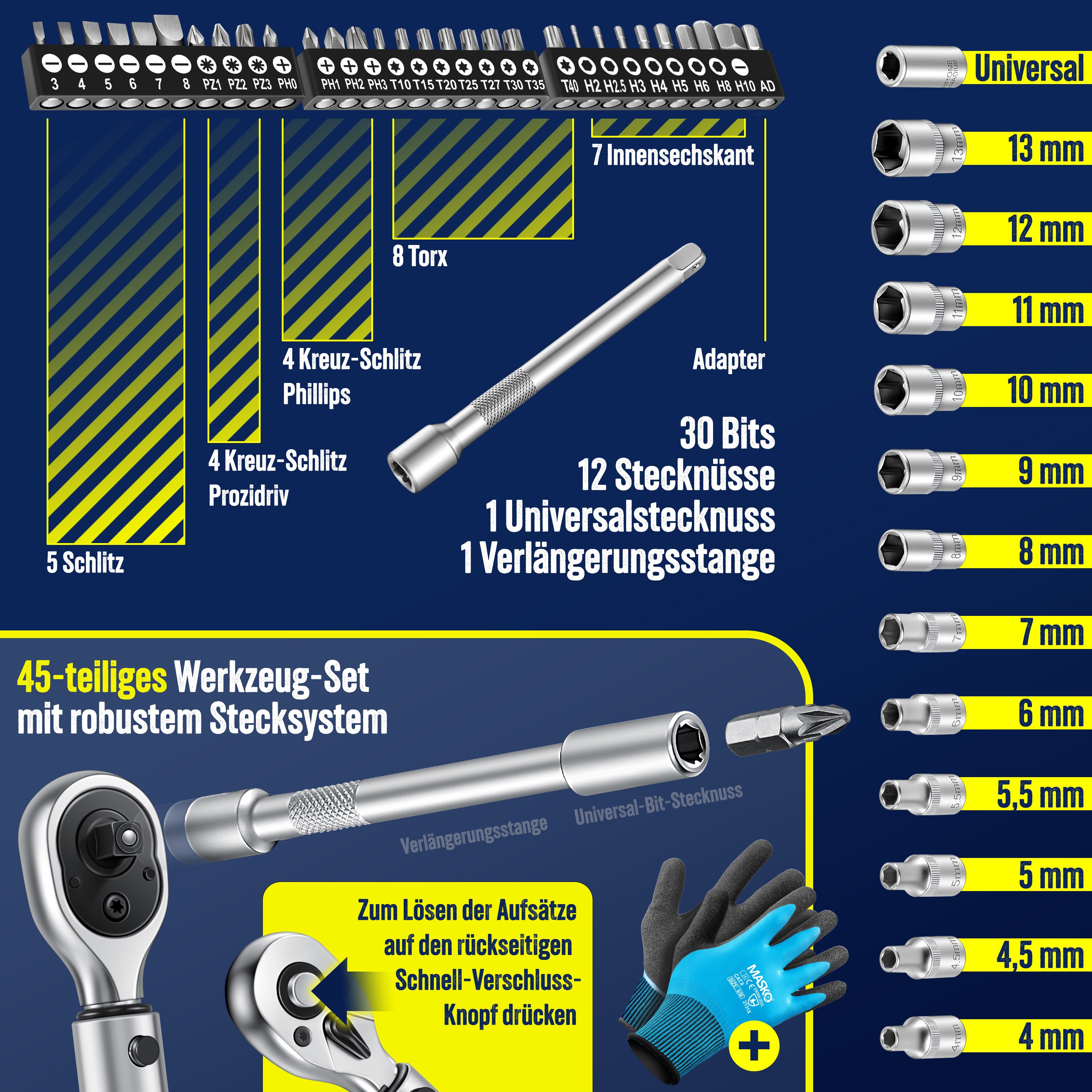 MASKO® Drehmomentschlüssel 45-tlg. Set Auto, Fahrrad & Motorrad 1/4 Zoll 5-25Nm inkl. Handschuhe, Magnetische Zündkerzenhülse Stecknüsse mit Verlängerungsstange 100mm +/- 4% Toleranz Reifenschlüsse