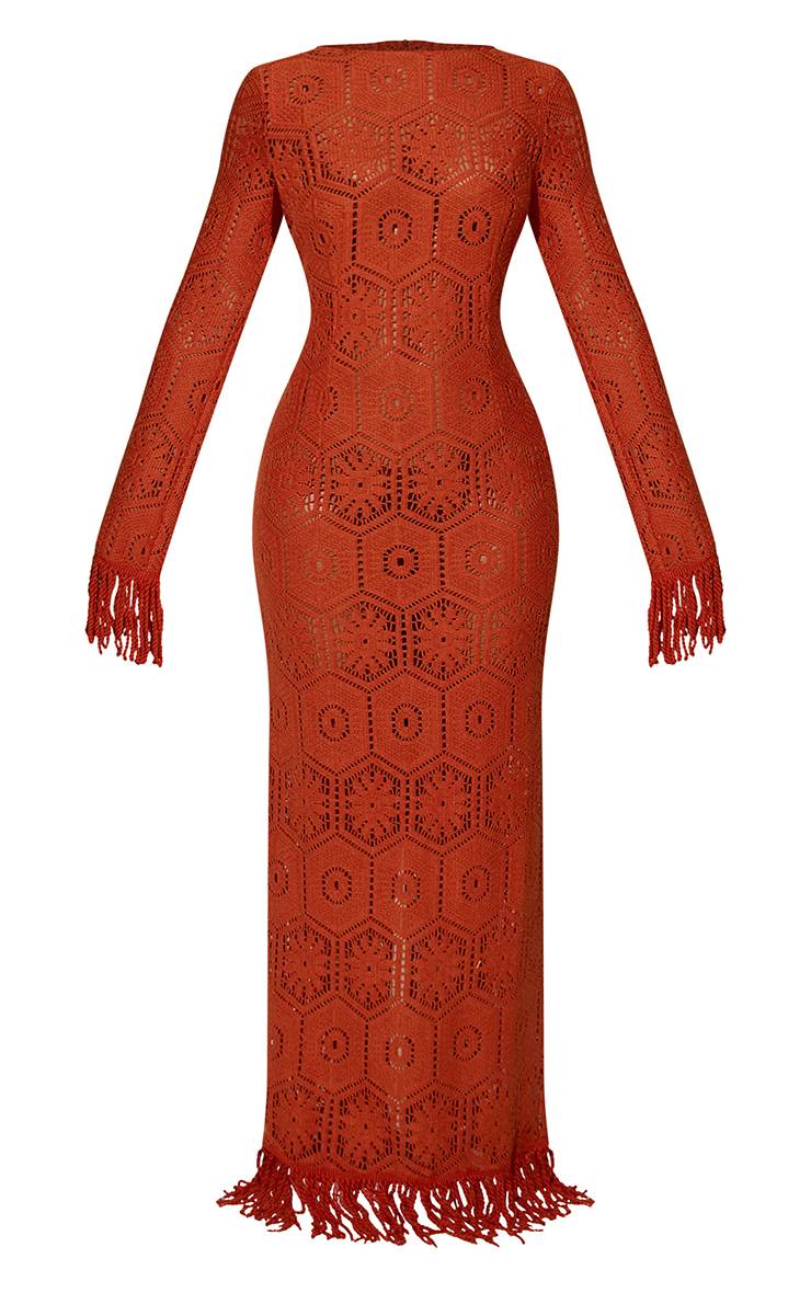 Rouille Robe De Plage Maxi À Ourlet À Pompons En Crochet