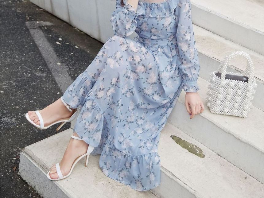 Doowex - Midi-jurk met lange mouwen en bloemenprint van chiffon