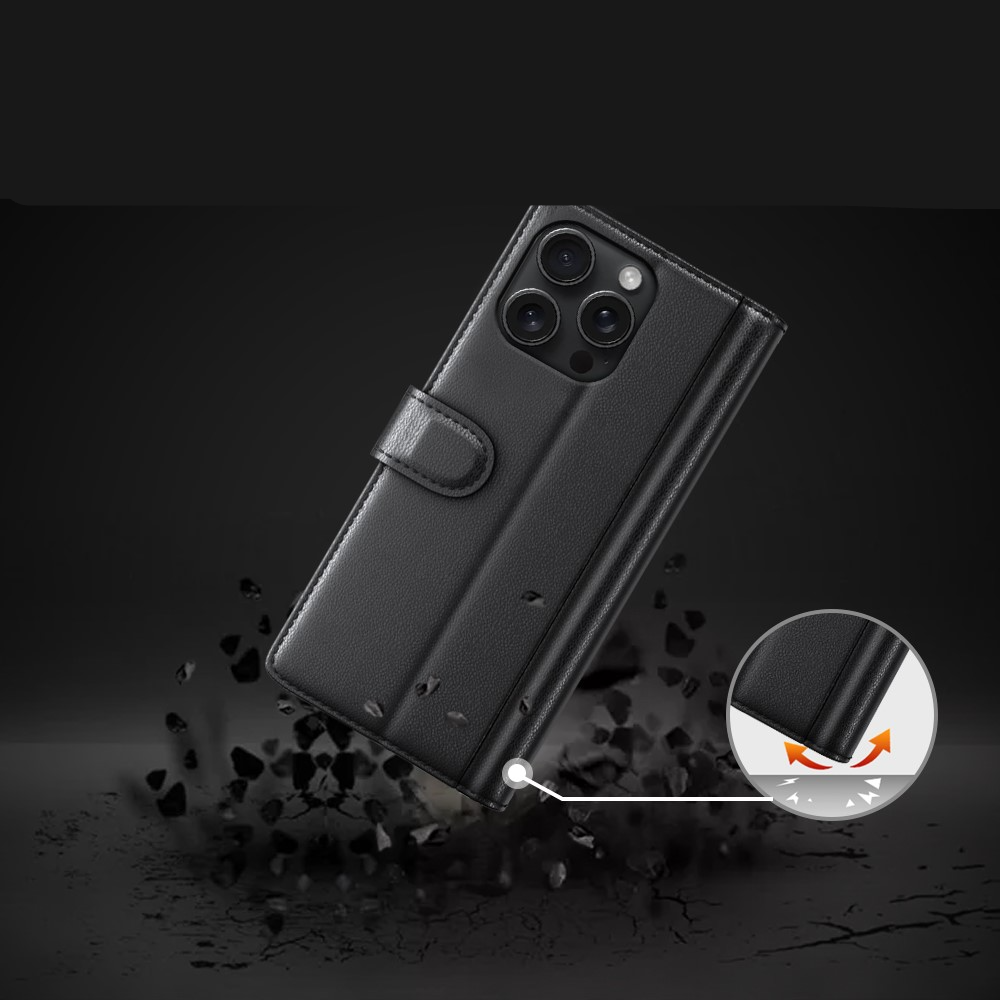 iPhone 16 Pro Max Echtleder Tasche Flip Cover mit Kartenfächer - Schwarz