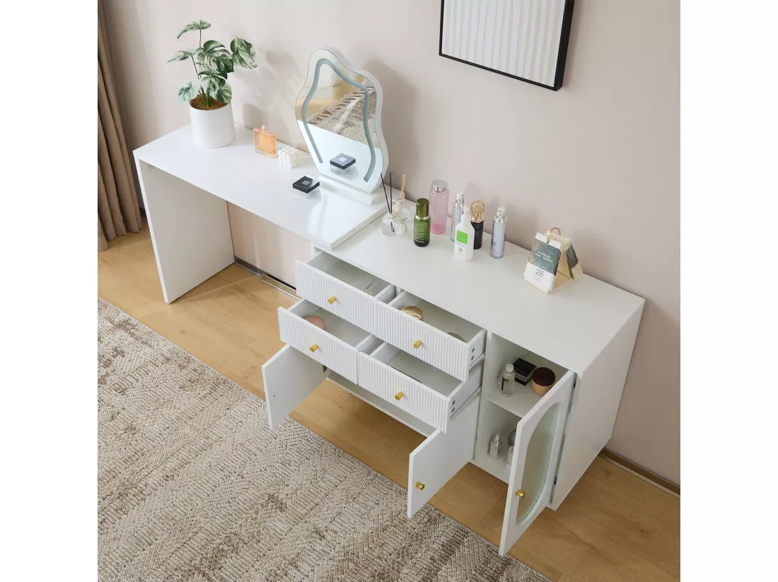 Coiffeuse pivotante escamotable avec miroir à LED - 4 tiroirs et 3 compartiments - Blanc (tabouret non inclus)