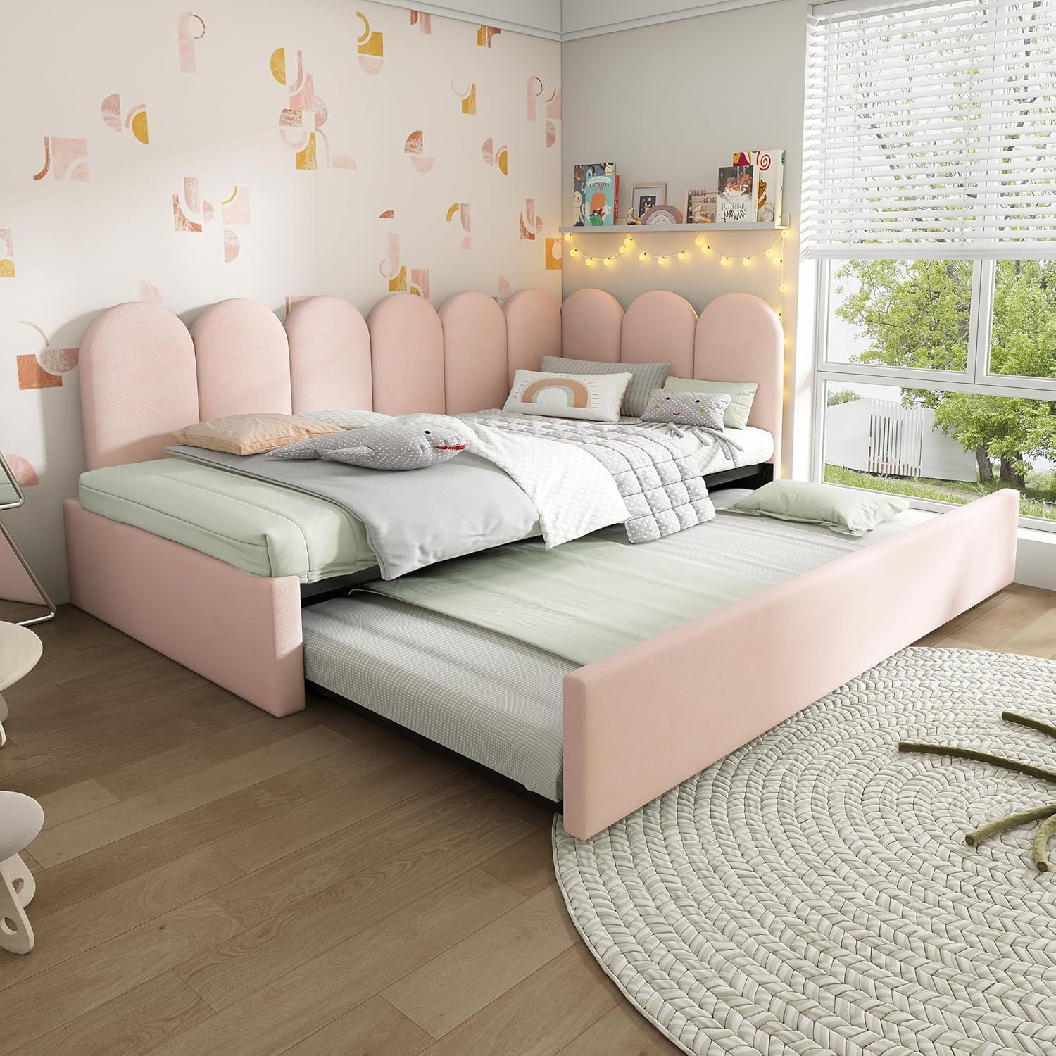 Polsterbett Tagesbett 90x200 Einzelbett mit Ausziehbett 90x190 cm, Kinderbett Jugendbett Daybett Gästebett Schlafsofa Sofabett Bettgestell mit Lattenrost aus Metall, Ohne Matratze, Samtstoff, Rosa