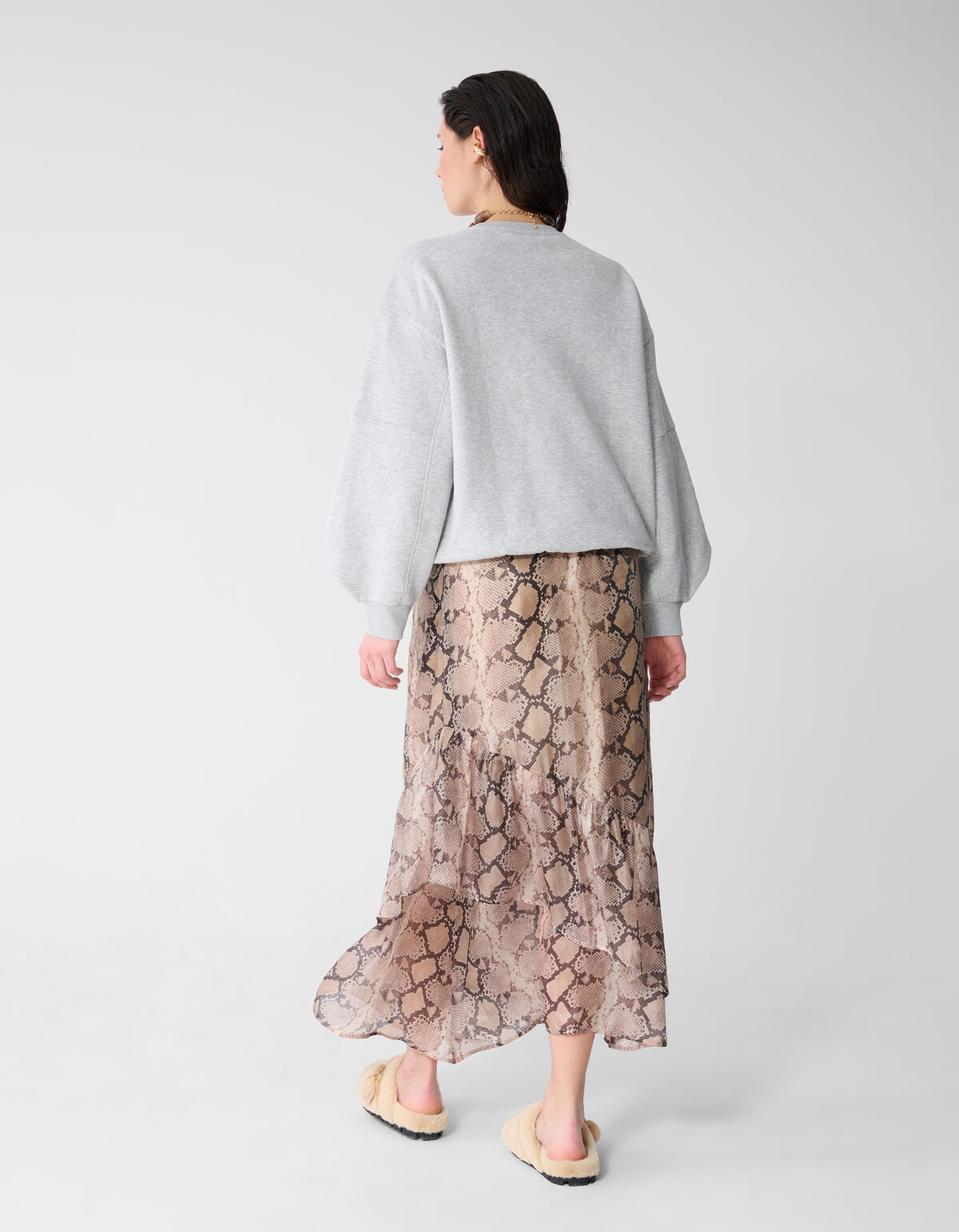 Snake Ruffle Maxi Rok Lichtbruin