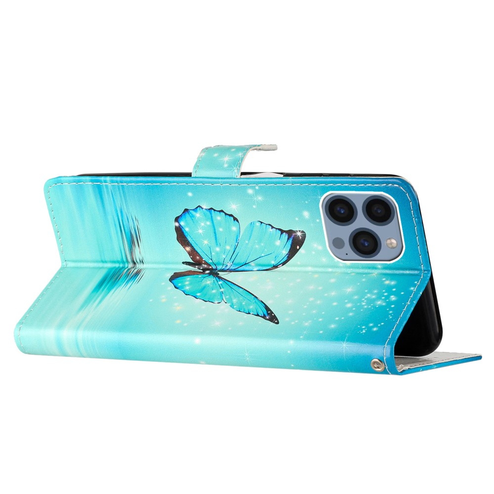 iPhone 15 Pro Max Leder Tasche mit Kartenfächern - Schmetterlinge (Blau)