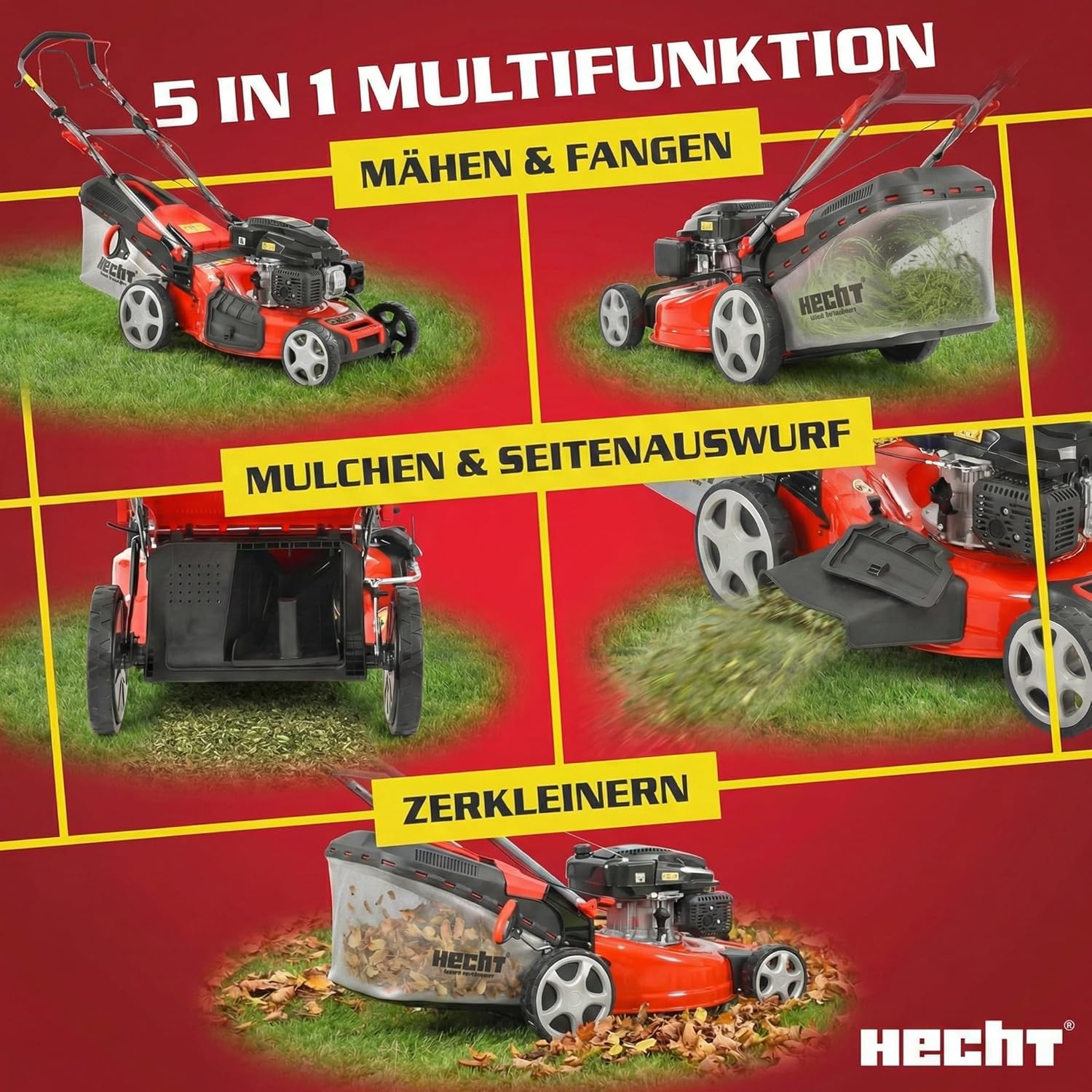 HECHT 5-IN-1 Benzin Rasenmäher – leistungsstarker 4 Takt Eco Motor 4,4 kW (6,0 PS) – Seilzug Starter – mit 53 cm Schnittbreite – 75 l Fangkorb – Radantrieb – patentierte Räder – EasyClean – Mulchmäher