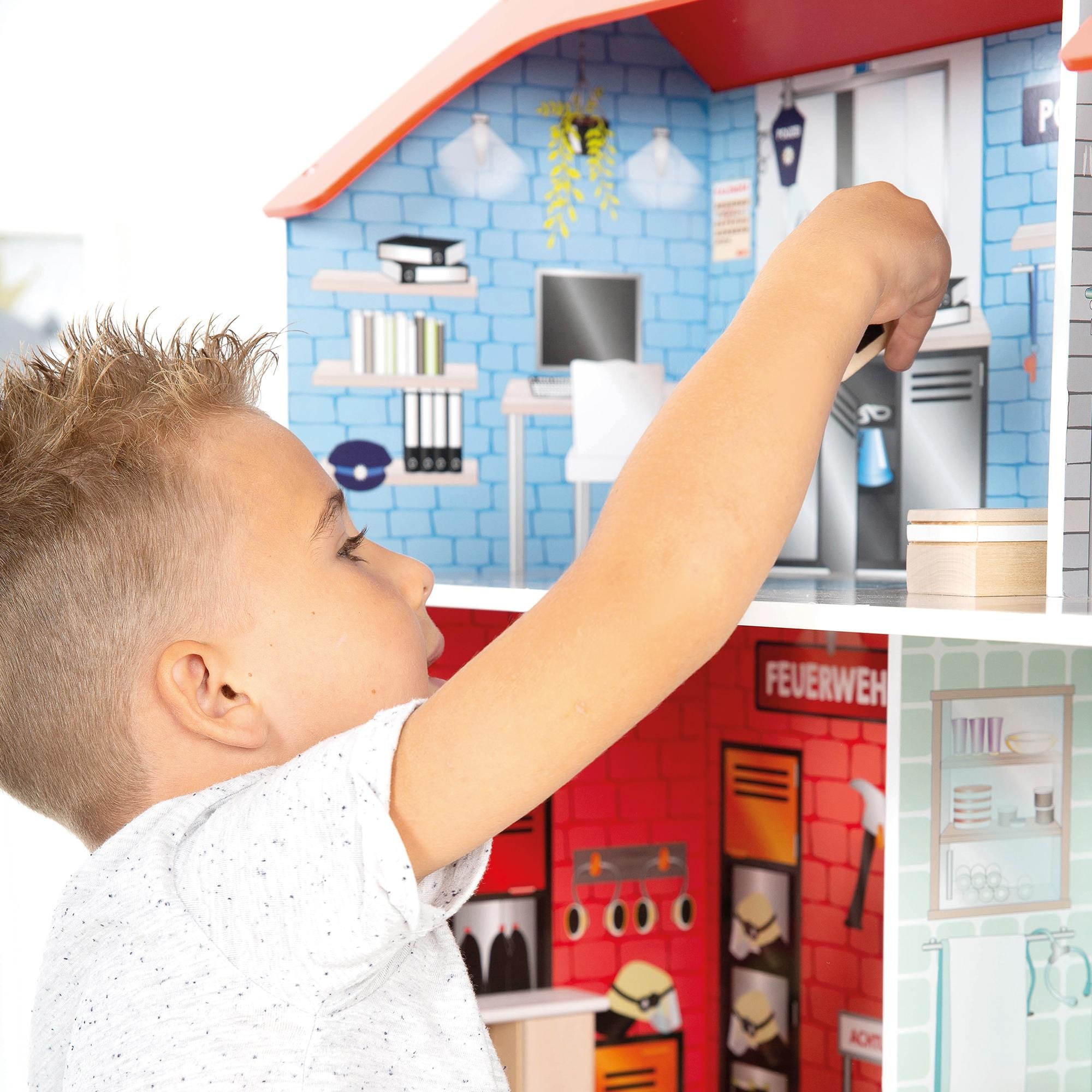 roba® Spielküche »2-in-1, Feuerwehr« mit mehrstöckigem Puppenhaus