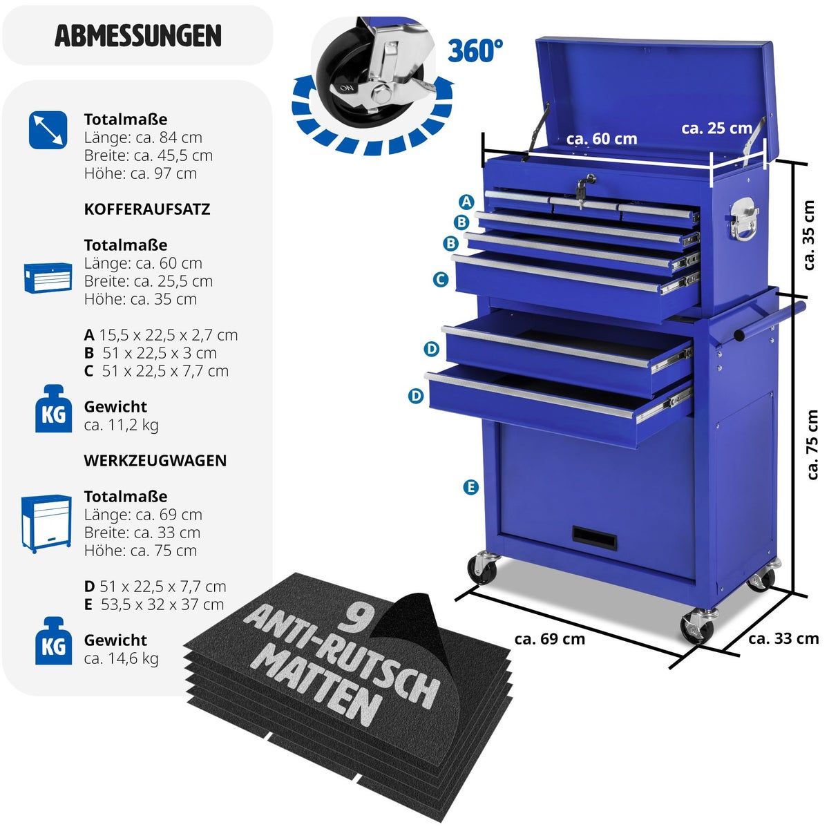 tectake gereedschapswagen met 8 kogelgelagerde laden met antislipmatten en wielen met een diameter van 100 mm.