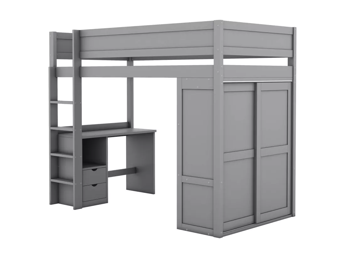 Lit mezzanine 90x200cm, lit enfant polyvalent, équipé d'armoire, bureau et tiroirs, échelle, sommier à lattes, pin, gris