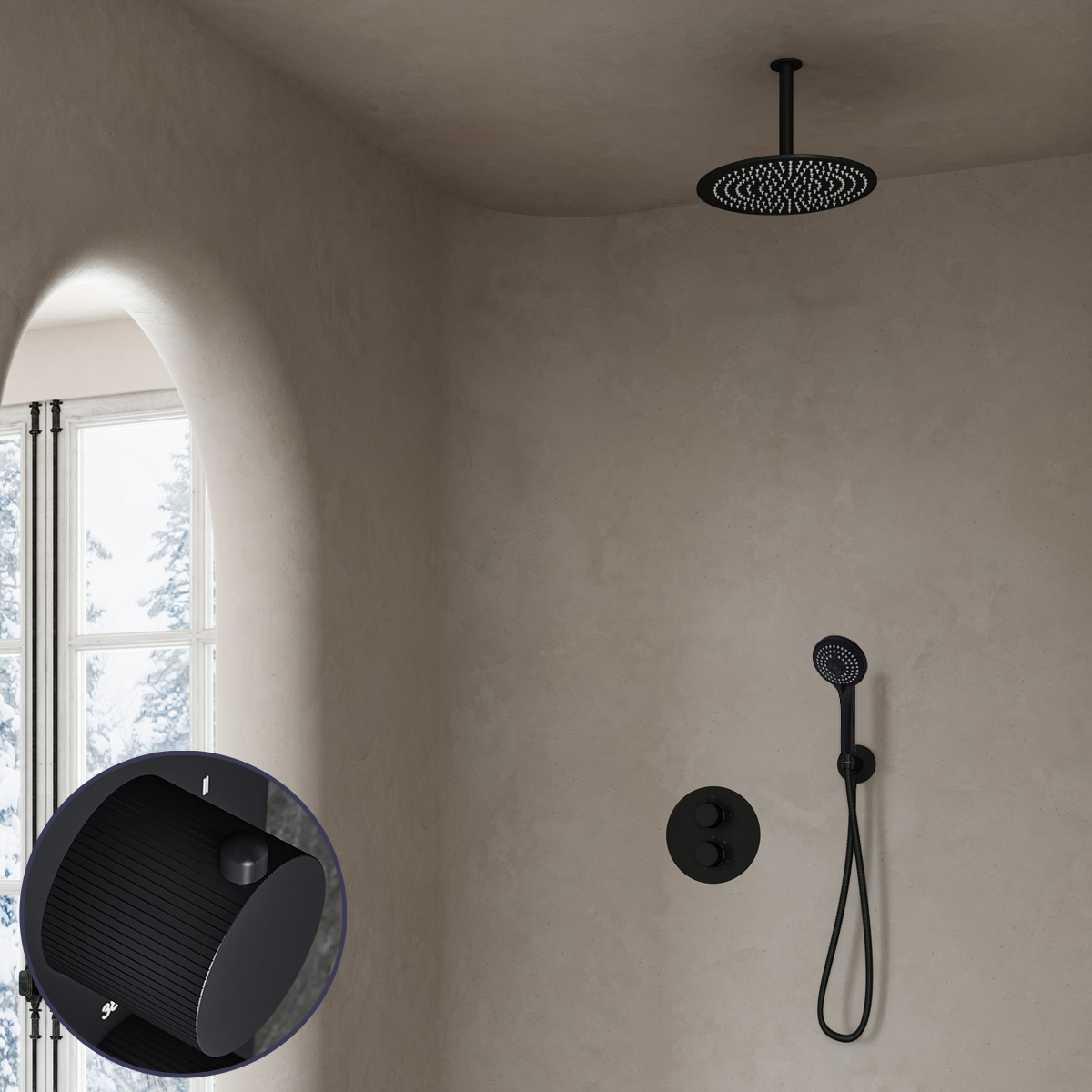 Saniclear Nero Stripes inbouw regendouche rond met 30cm hoofddouche, plafondarm en 3 standen handdouche zwart mat