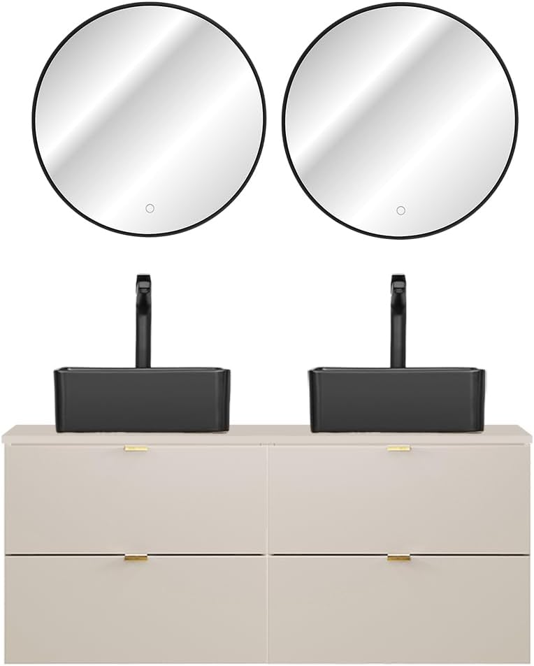 Lomadox Badezimmer Badmöbel Set 3-teilig mit 120 cm Waschtisch in Kaschmir matt, DURANGO-56, inkl. Keramikwaschbecken & LED-Spiegel