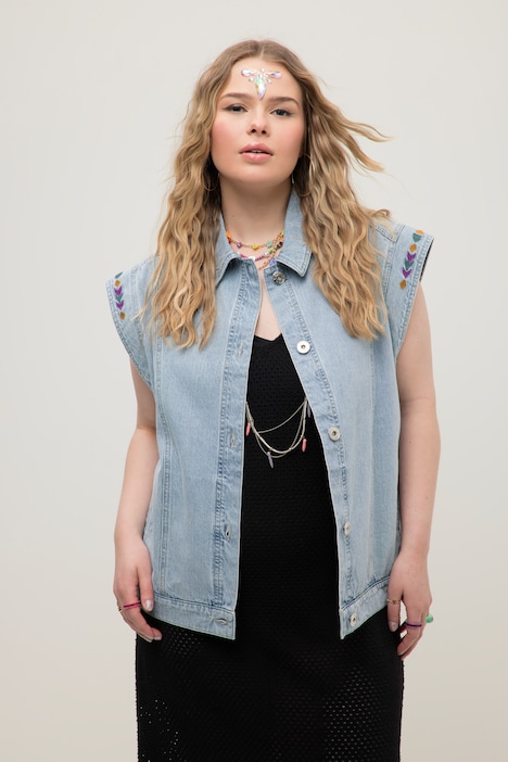Jeansweste, oversized, Stickereien, teilelastischer Saum