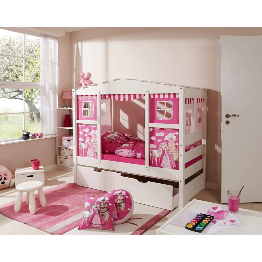 TiCAA Hausbett Mini mit 2 Schubladen Prinzessin Rosa