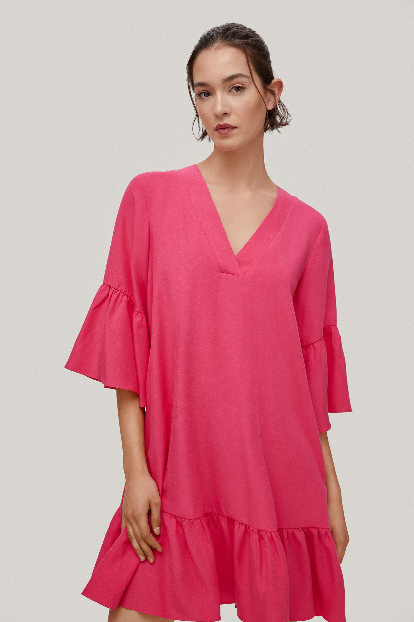 Vestido túnica em tencel e linho - Rosa