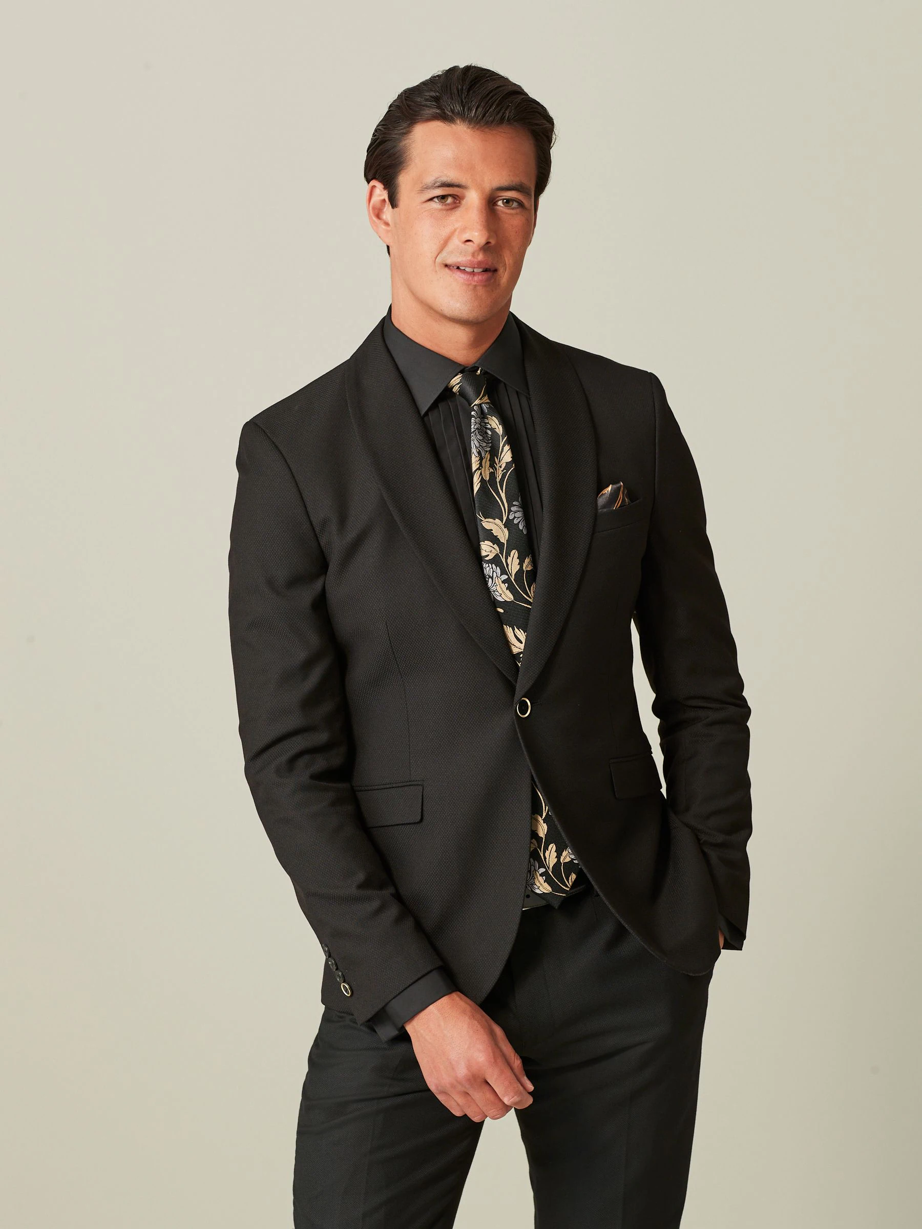 Zwart/goud - Skinny fit smoking met textuur: colbert