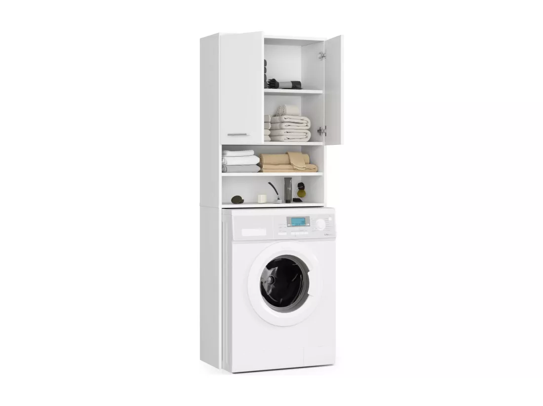 Meuble pour machine à laver FIN Blanche 64 cm 2 portes façade Blanche niche 4 étagères 64x30x180 cm