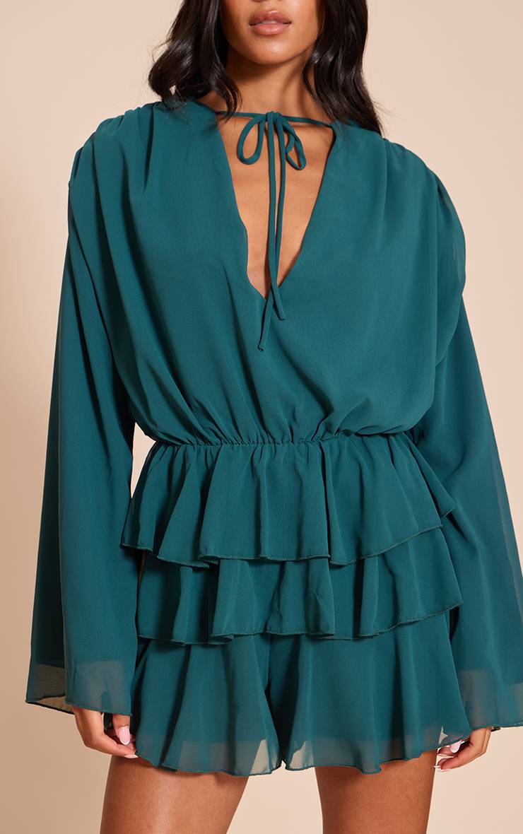 Vert Turquoise Combinaison-short Tall En Mousseline À Col En V Avec Volants Étagés