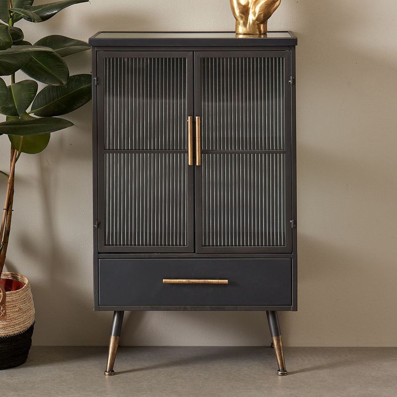 Wandkast - Zwart - Ribbelglas - Industrieel - Draaideur