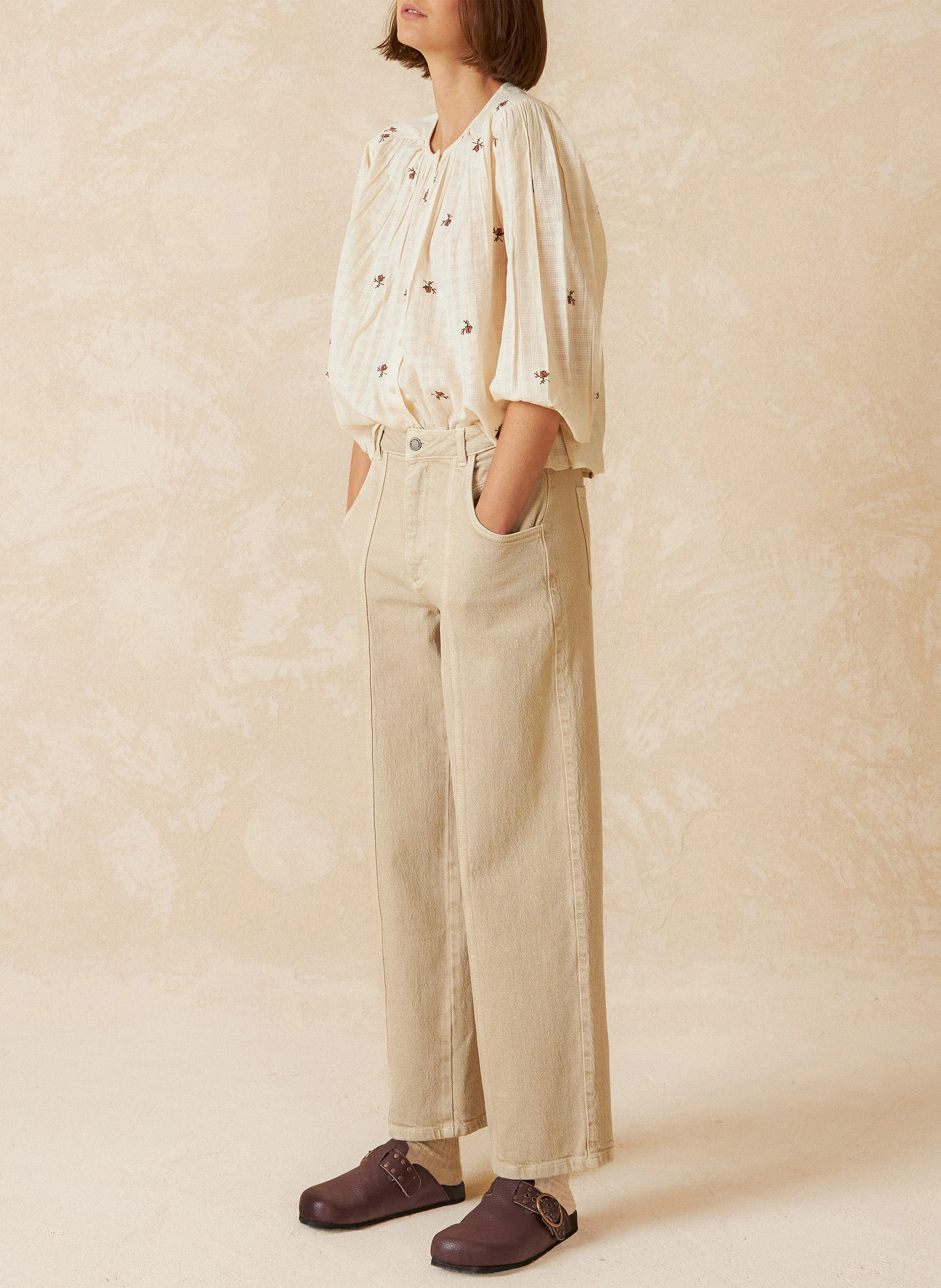 Chemise ample col rond brodée en coton | Blanc