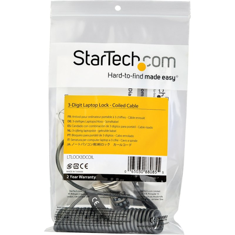 StarTech.com LTLOCK3DCOIL câble antivol Noir, Acier inoxydable 1,8 m