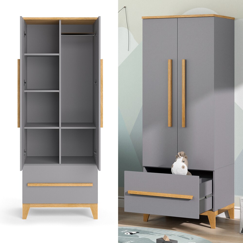 VitaliSpa Kleiderschrank Kinderzimmerschrank Aufbewahrungsschrank Malia Grau Eiche modern 70x187 cm Kinderzimmer Möbel Babymöbel Schublade Tür Fach Kleiderstange Ablage Babyzimmerschrank