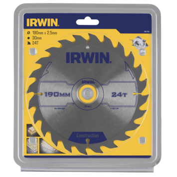 Irwin cirkelzaagblad Ø190 mm. Inclusief reduceerringen waardoor geschikt voor asgat 16, 20 en 30 mm, vertanding 24T