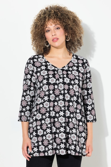 Shirt, Schneeflocken, A-Linie, V-Ausschnitt, 3/4-Arm