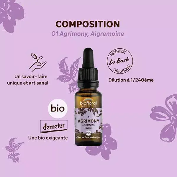 Florais de Bach Biofloral 01 Agrimônia (Agrimony) Orgânicos em conta-gotas de 20 ml