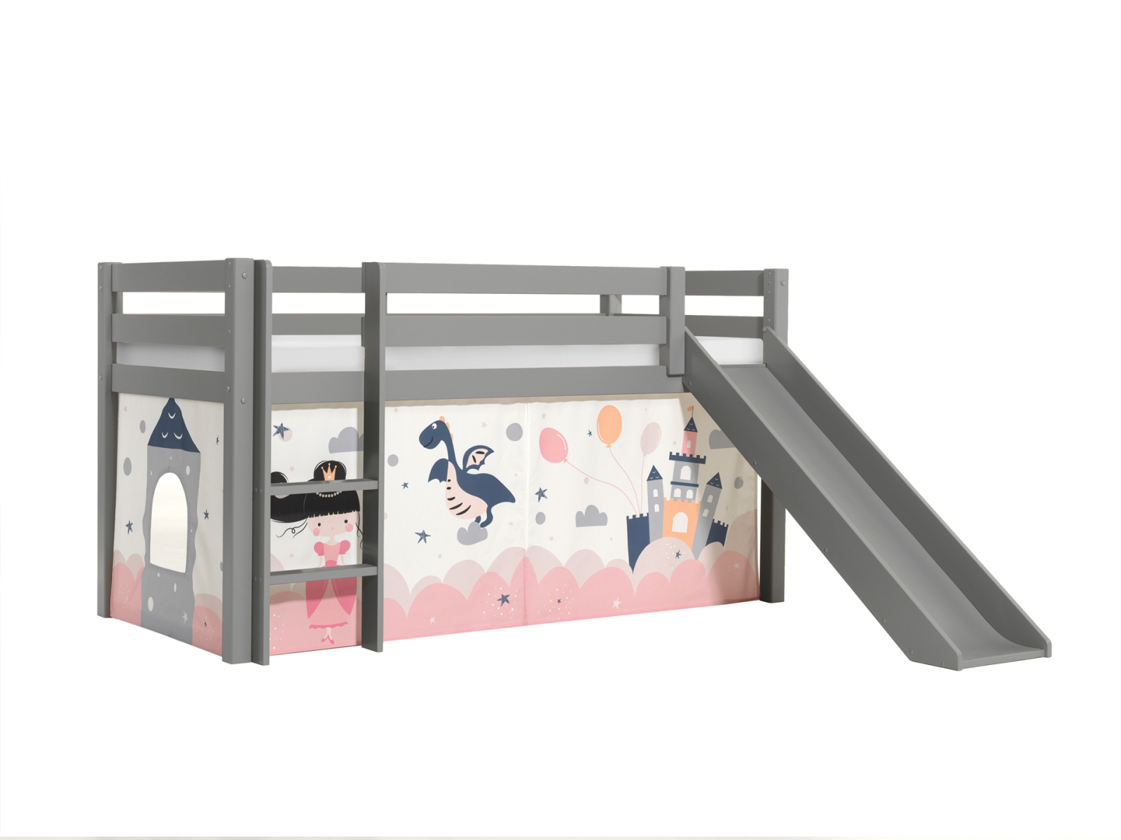 Halbhochbett PINO - Princess Sophie - Kiefer grau Massivholz - mit Rutsche - 90x200 cm